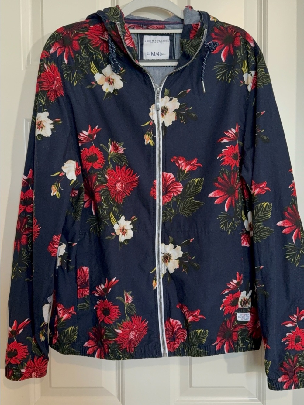 Denim & Flower Navy Floral Hooded Zip Jacket with Red and White Blooms